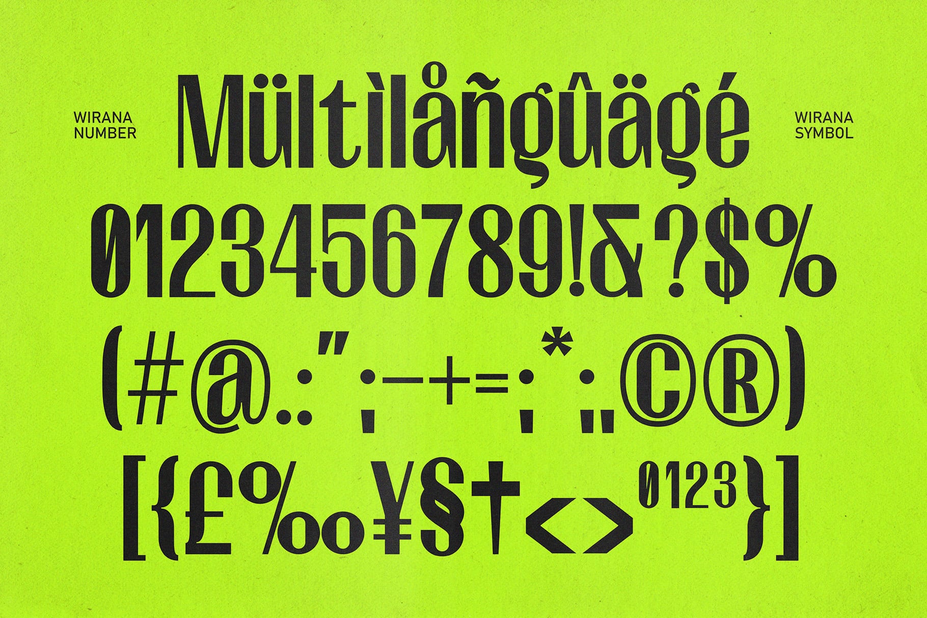 Bold sans serif font displaying multilingual characters, numbers, symbols on neon yellow background