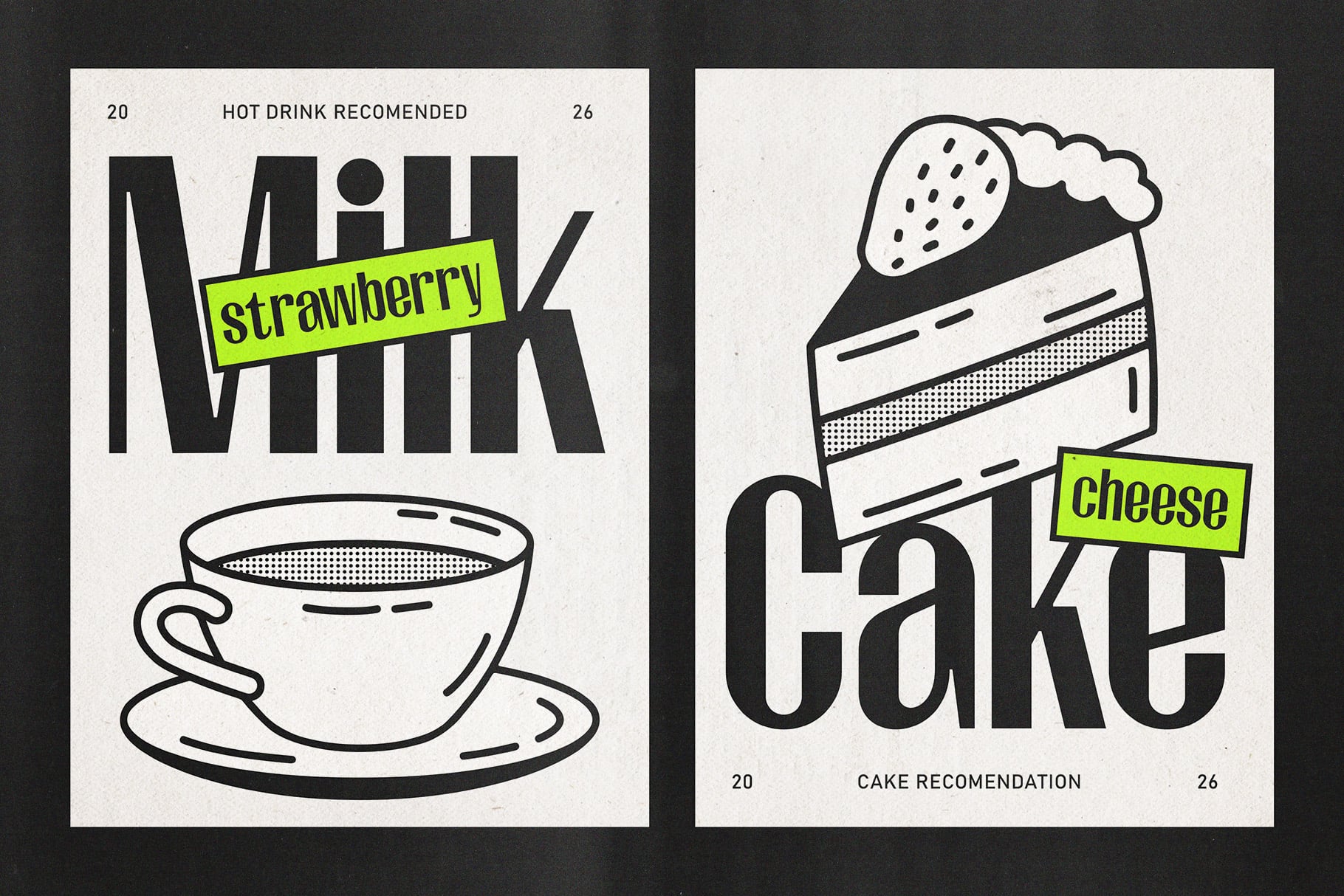 Retro food pairing posters with bold type, lime labels, showing milk with hot drink recommendation plus layered cake with cheese cake label