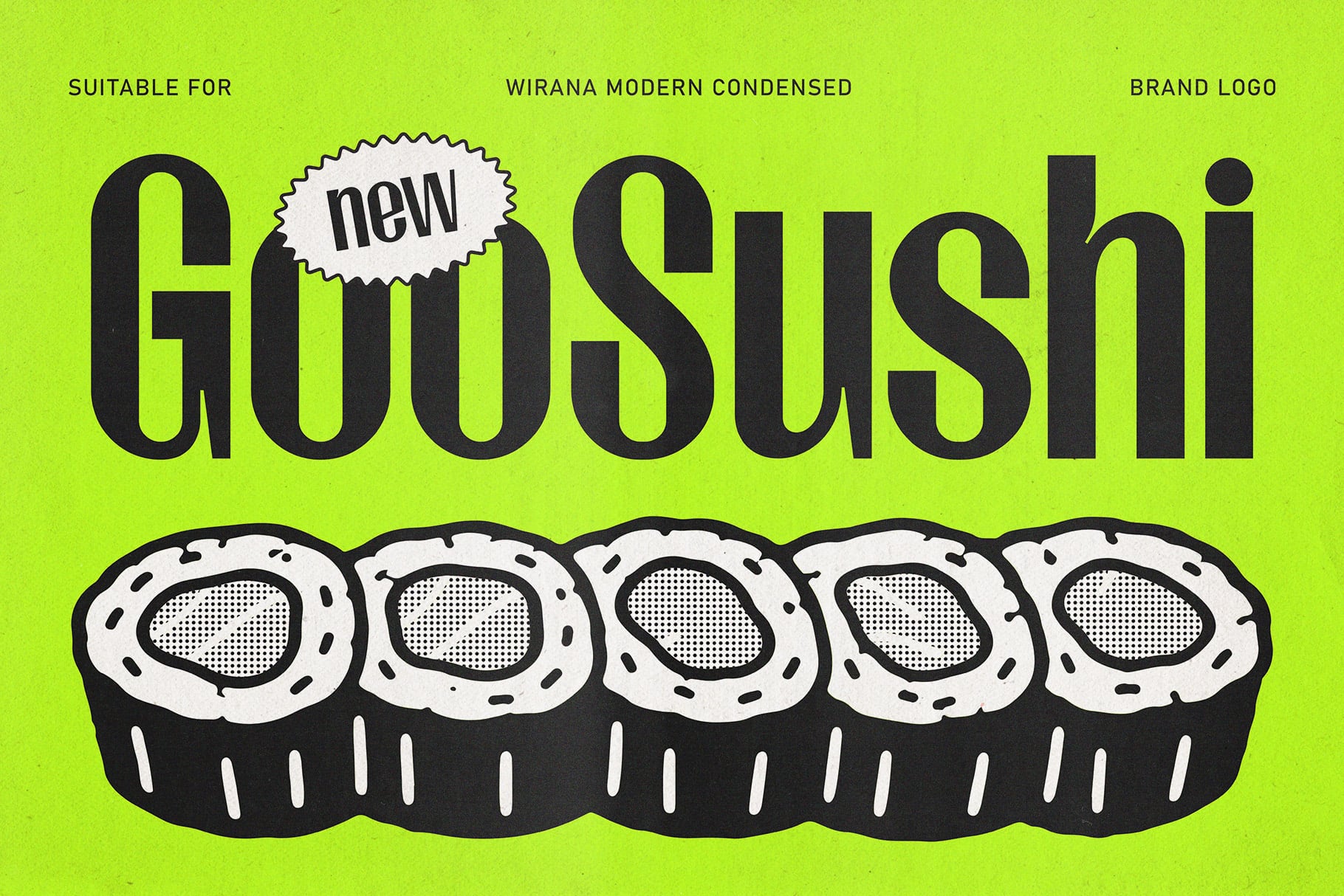 Bright lime green background with bold black Wirana font spelling "Goosushi" over illustrated sushi roll graphic