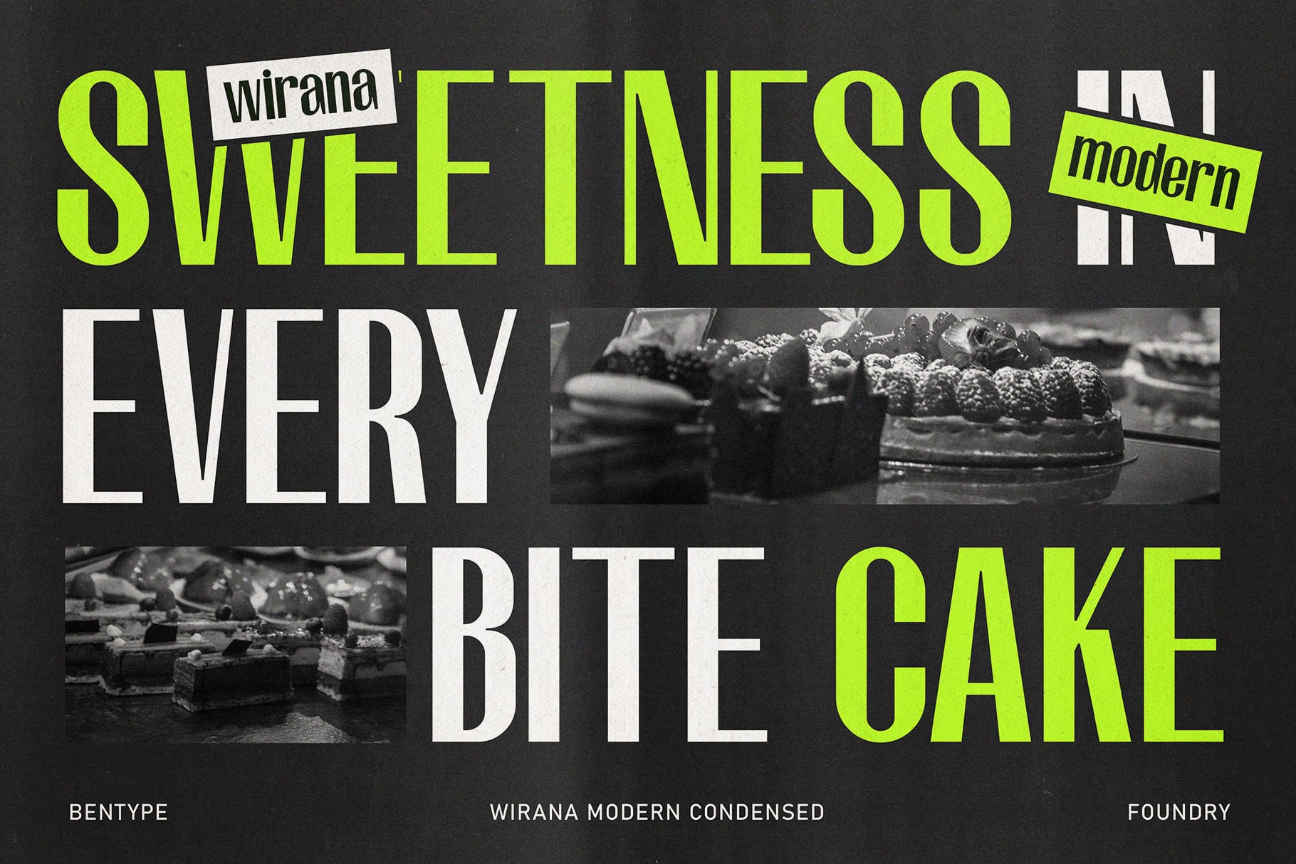 Bold bakery poster with lime green type over black with cake photos mixed in