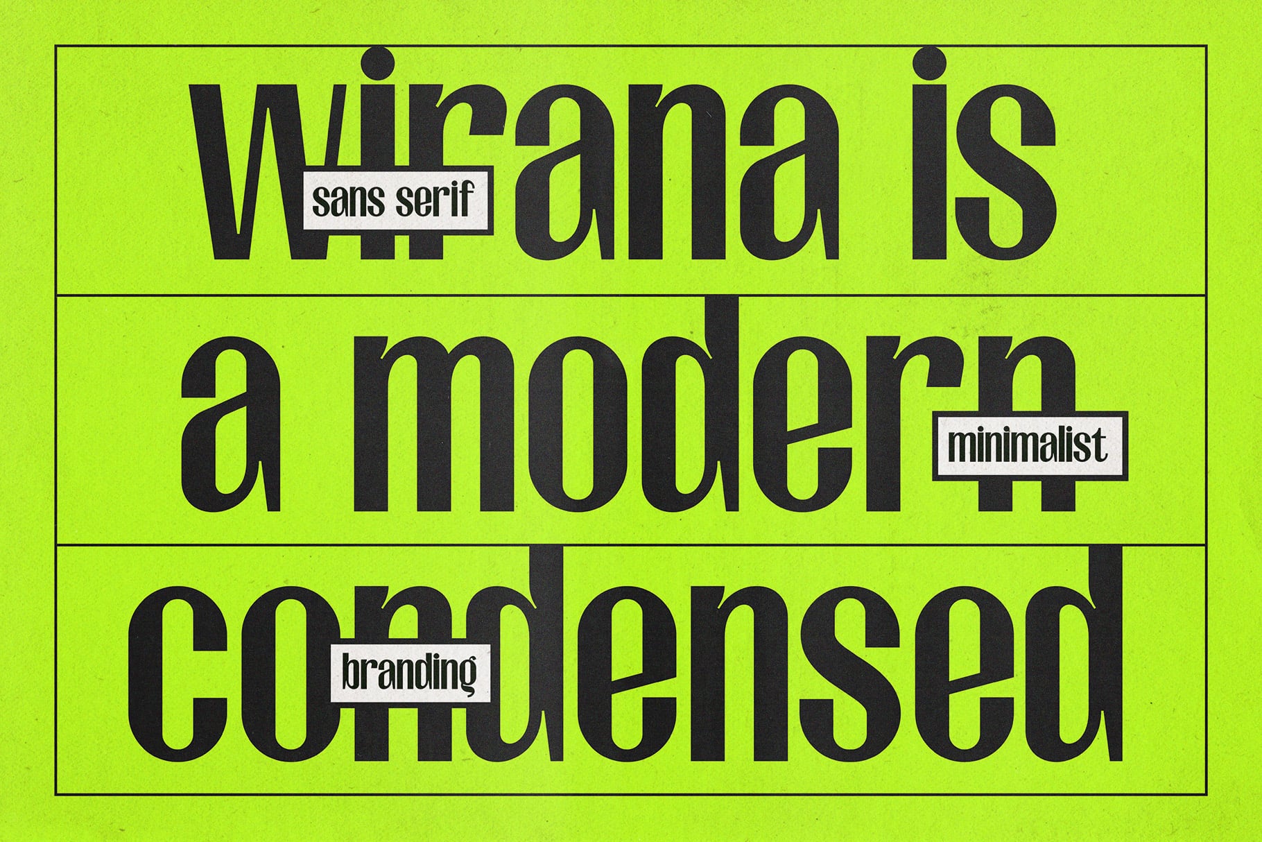 Wirana sans serif font displayed in bold black on neon yellow with minimalist branding labels