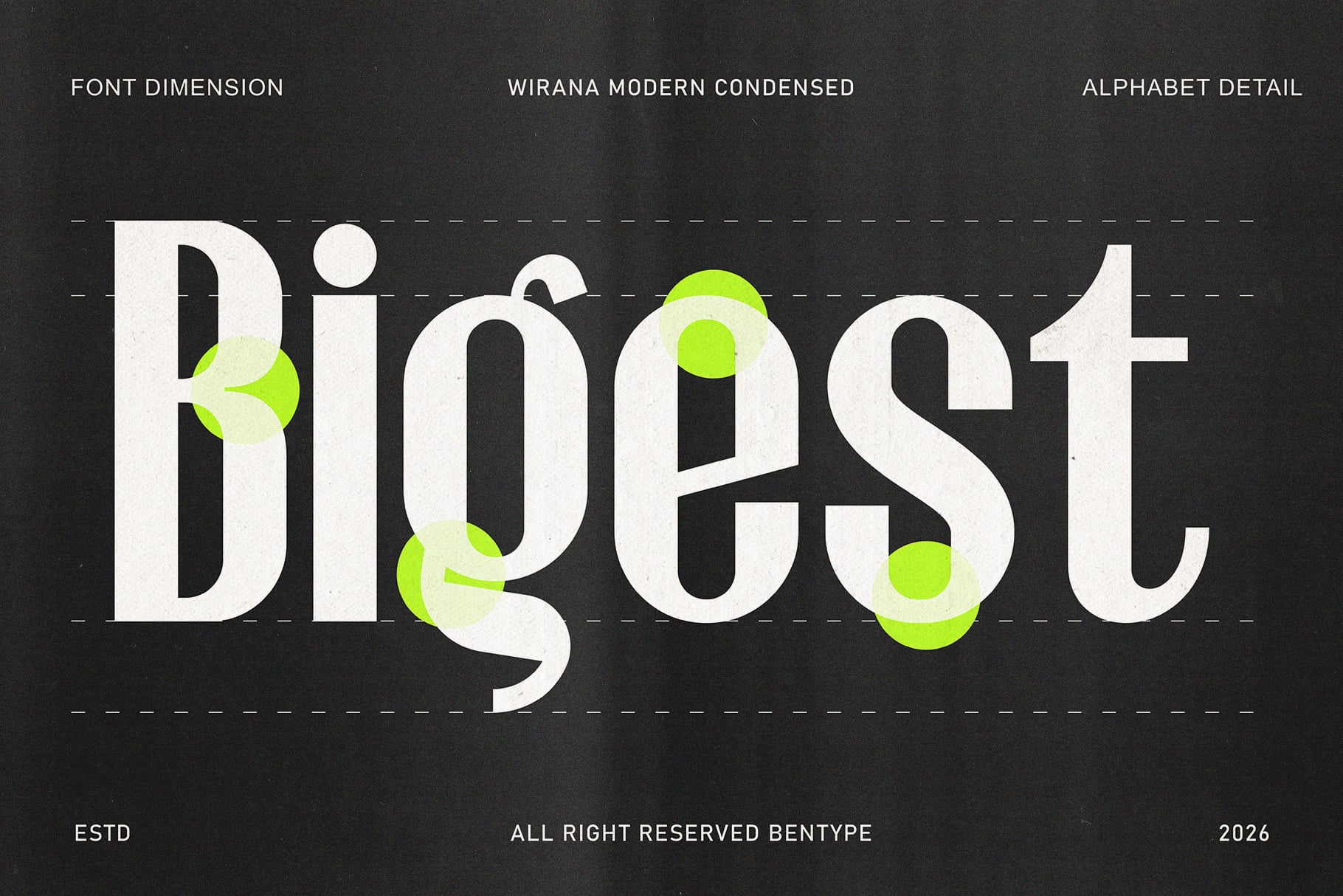 Wirana Modern Condensed font specimen with neon green accent circles highlighting letter details