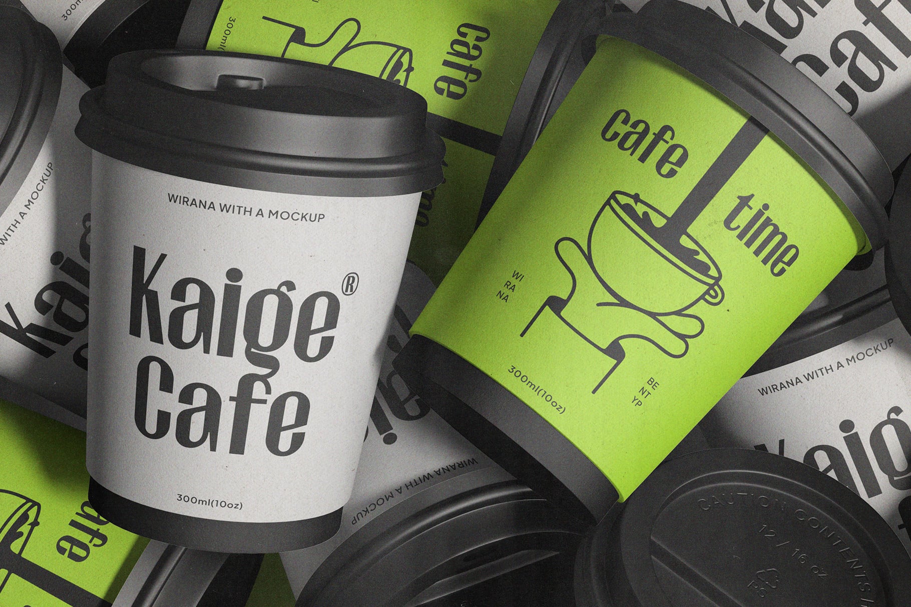 Coffee cup mockup with lime green branding labels scattered around it