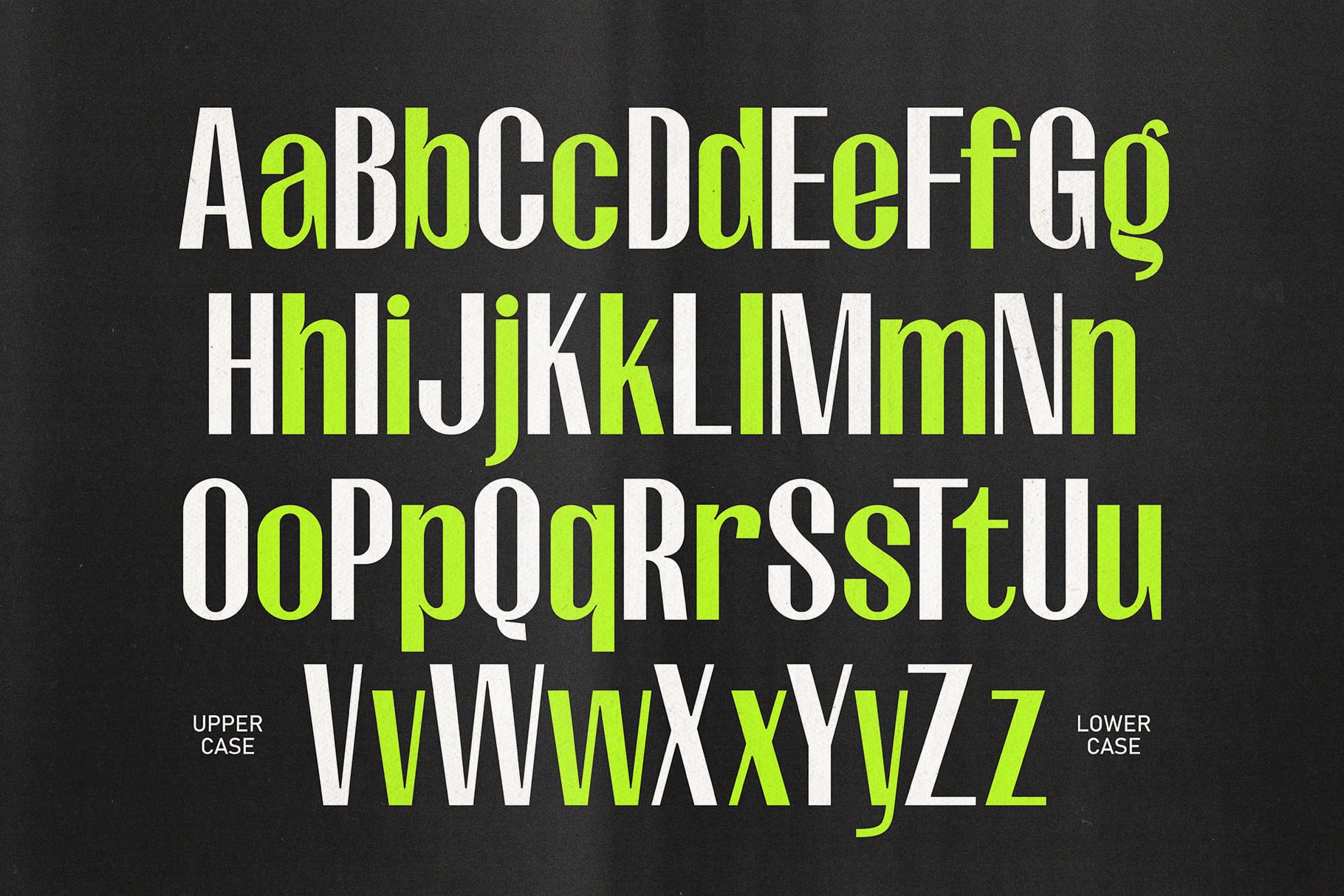Bold sans serif font with lime green accents on dark background showing full character set