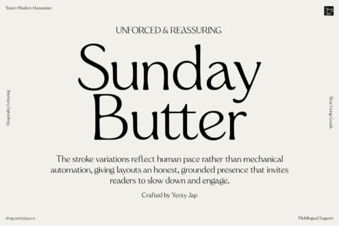 Sunday Butter font specimen showing warm modern humanist typeface with variable stroke weights