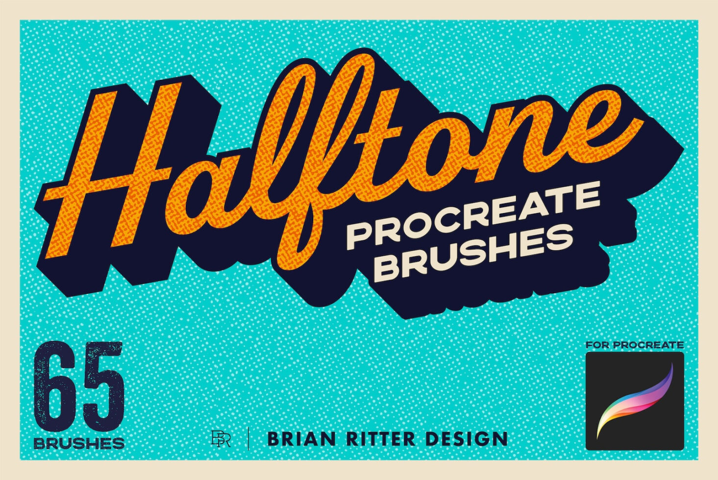 Retro vintage brush set for Procreate with bold orange lettering on turquoise dotted background