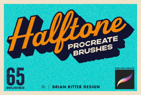 Retro vintage brush set for Procreate with bold orange lettering on turquoise dotted background