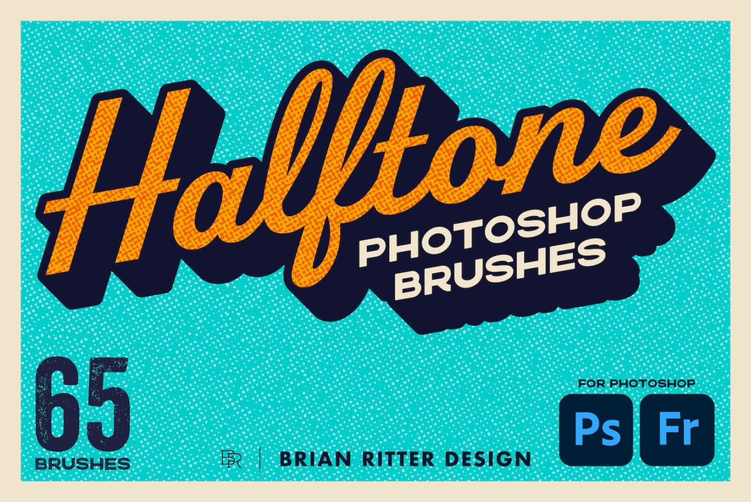 Retro halftone brush pack cover with bold orange lettering on turquoise dotted background