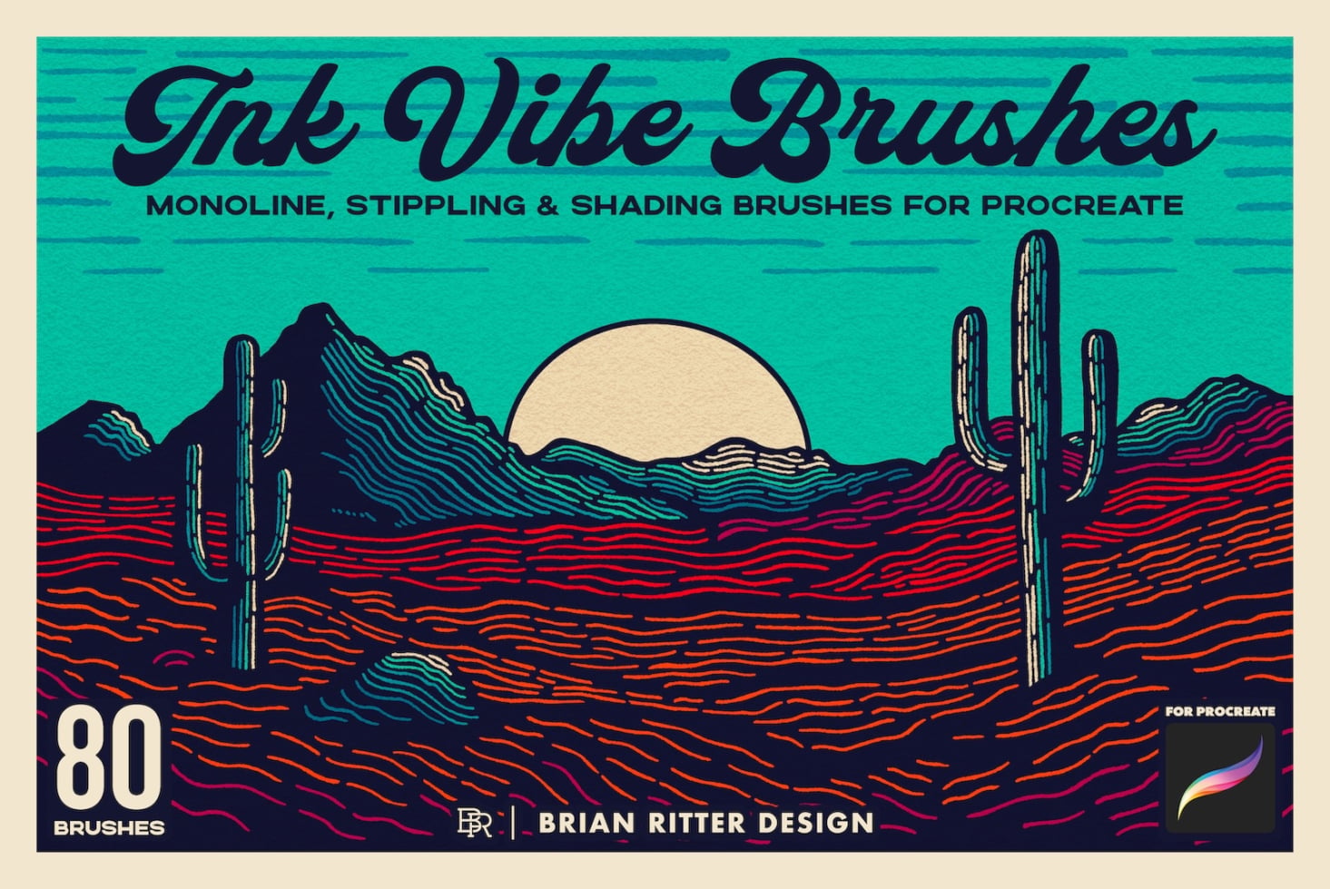Ink Vibe Brushes desert sunset scene with cacti, 80 Procreate brushes for line work, stippling, shading