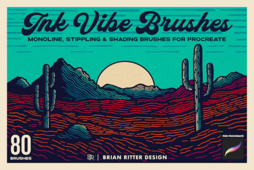 Ink Vibe Brushes desert sunset scene with cacti, 80 Procreate brushes for line work, stippling, shading