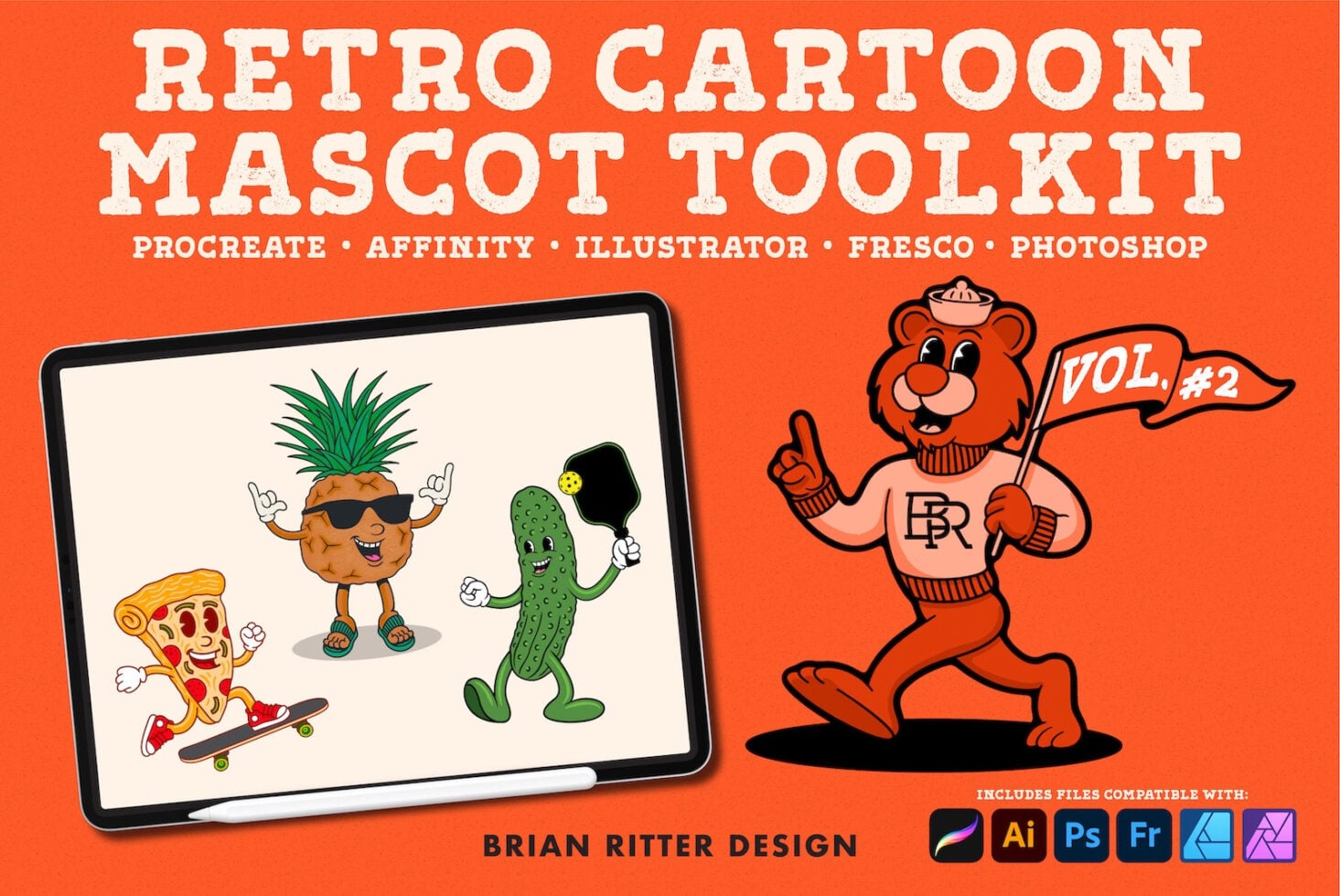 Retro cartoon mascot toolkit vol 2 with dancing pizza, pineapple, pickle characters on tablet