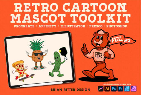 Retro cartoon mascot toolkit vol 2 with dancing pizza, pineapple, pickle characters on tablet