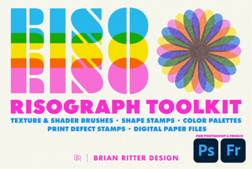 Risograph toolkit with colorful striped letters, textured flower icon, brushes, stamps, palettes for Photoshop