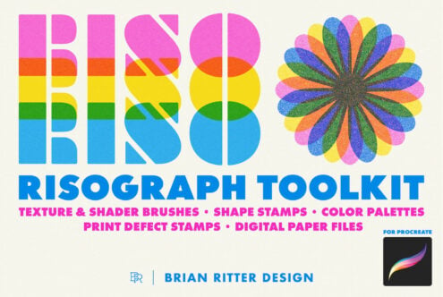 Risograph toolkit with rainbow geometric type, textured flower graphic, brushes, stamps for Procreate