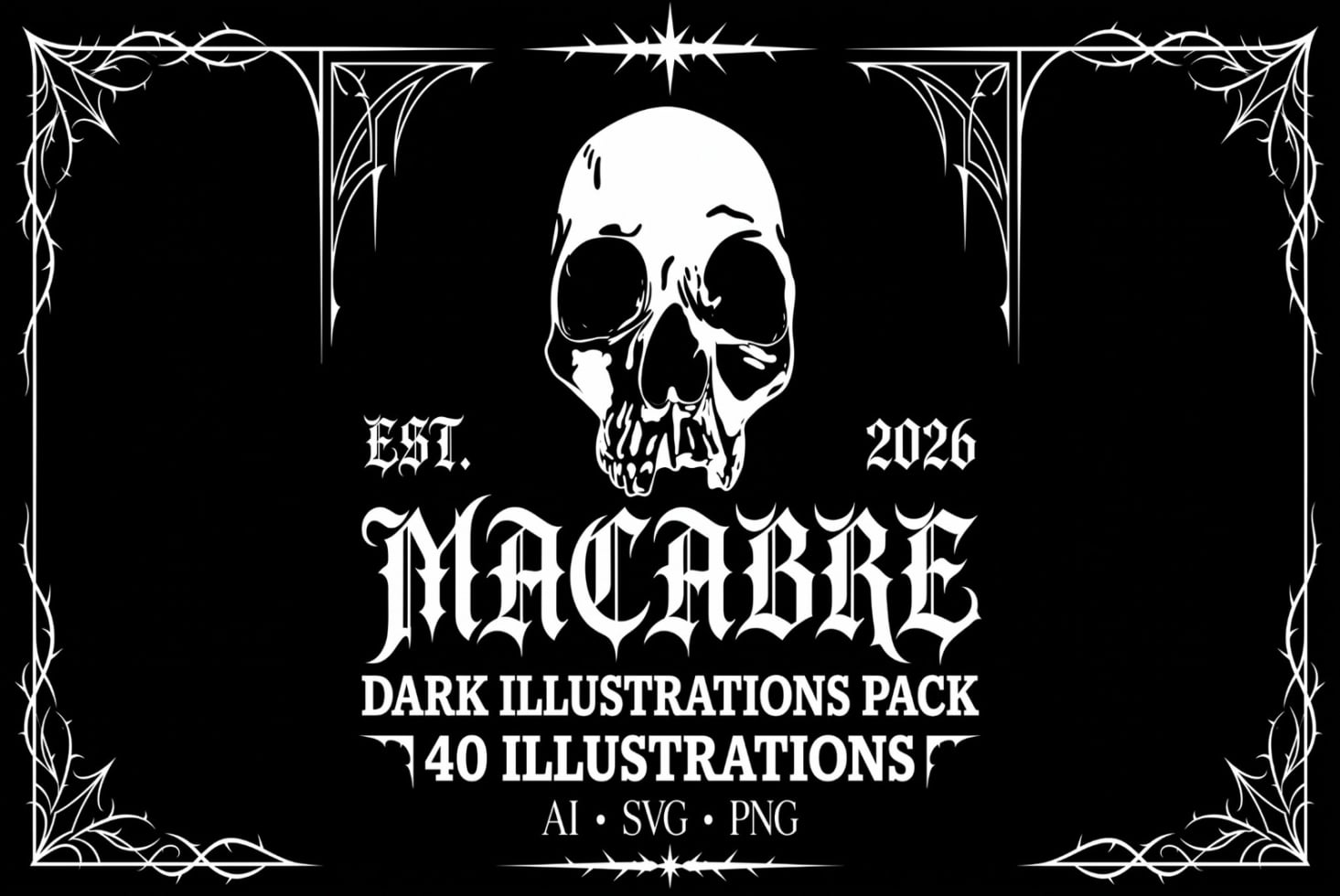 Gothic skull with thorny vine borders, established 2026 macabre illustration pack