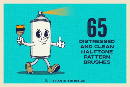 Retro spray can character holding brush with distressed halftone texture brushes set