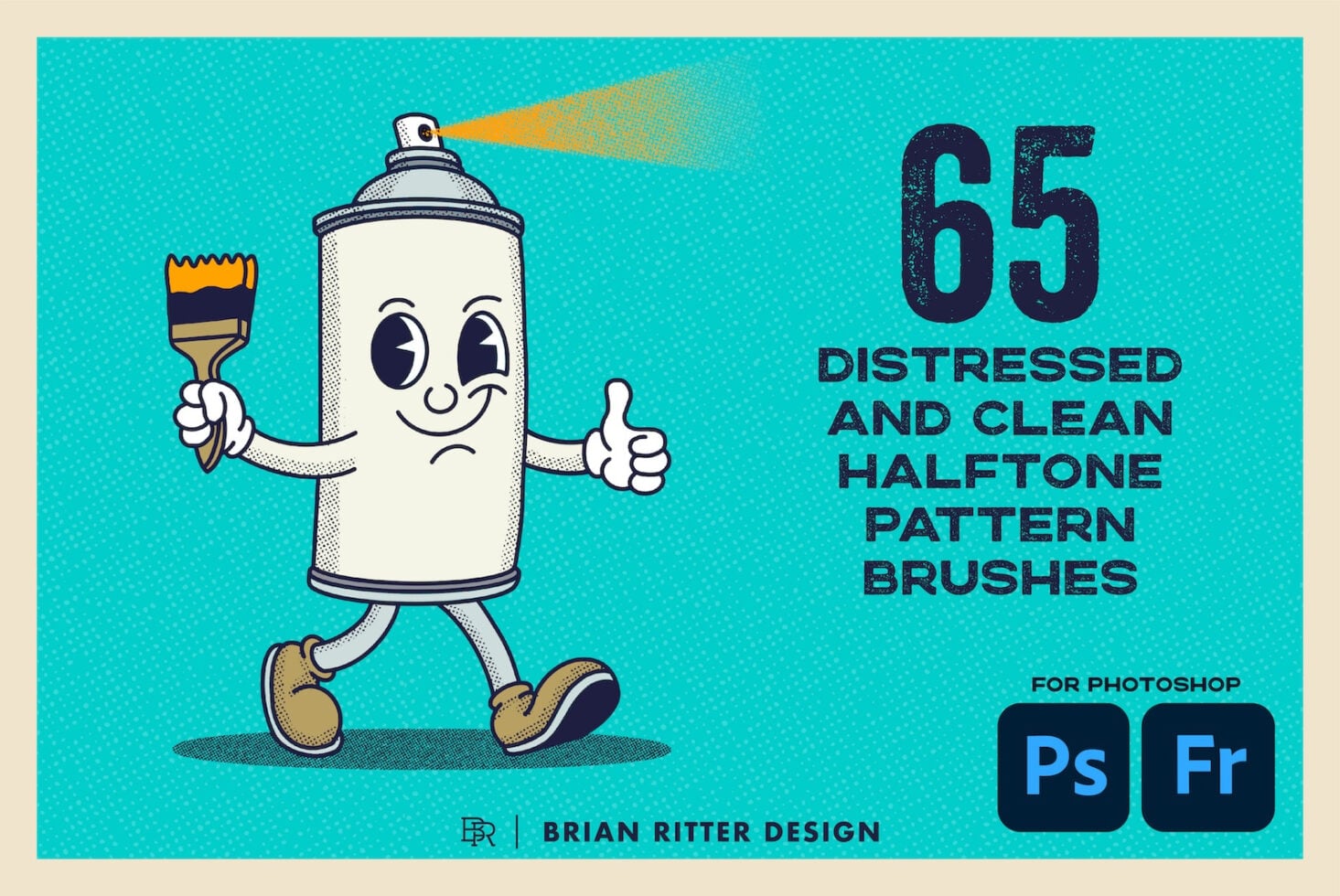 Retro spray can character holding brush on turquoise background with halftone texture brushes