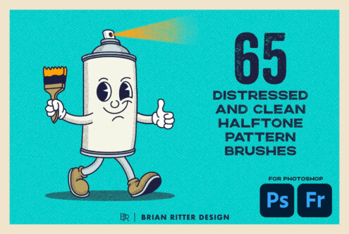 Retro spray can character holding brush on turquoise background with halftone texture brushes