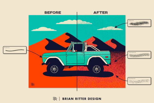Before after comparison of retro truck illustration with texture shader options applied