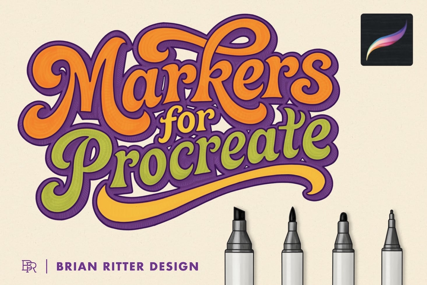 Retro orange lettering brush pack with purple outlines, four marker pens, gradient brush preview