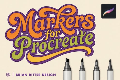 Retro orange lettering brush pack with purple outlines, four marker pens, gradient brush preview