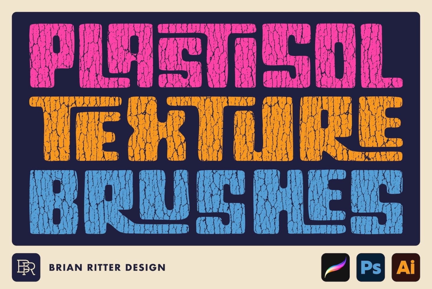 Cracked texture font with bold pink, gold, blue letters on dark navy background