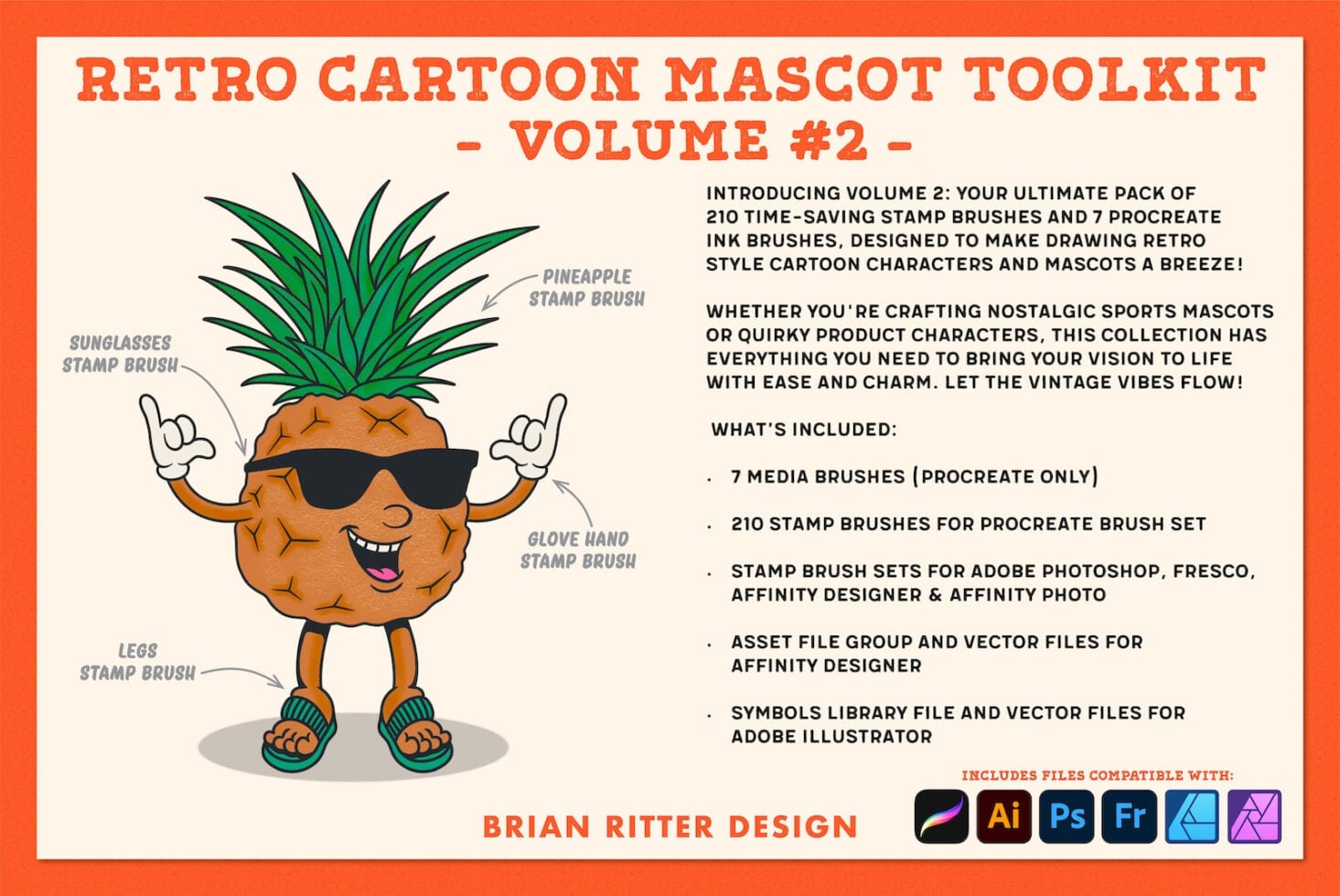 Retro pineapple mascot wearing sunglasses with stamp brushes for Procreate, Photoshop, Illustrator