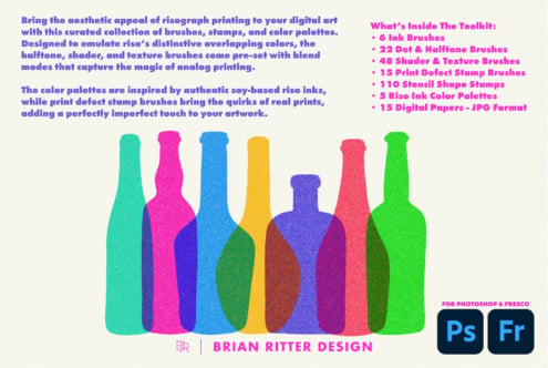 Colorful risograph-style bottle illustration with overlapping halftone textures in bright neon hues