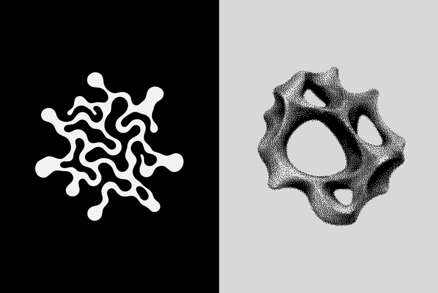 Organic blob shapes in white on black split with dotted stipple texture on gray side
