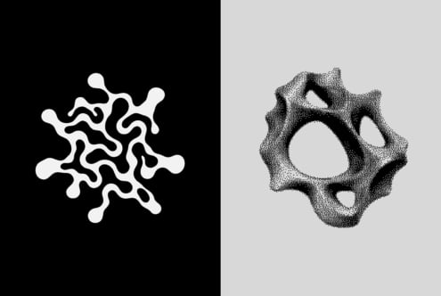 Organic blob shapes in white on black split with dotted stipple texture on gray side