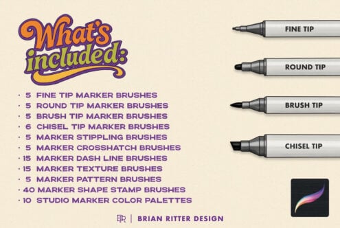 Marker brush pack showing fine tip, round tip, brush tip, chisel tip variations with 150 brushes total