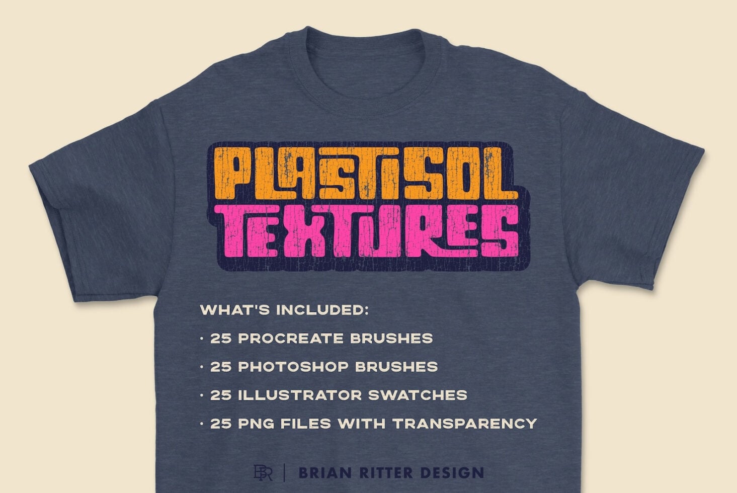 Plainsol Textures brush pack mockup on navy tee showing orange, pink retro lettering with product details listed
