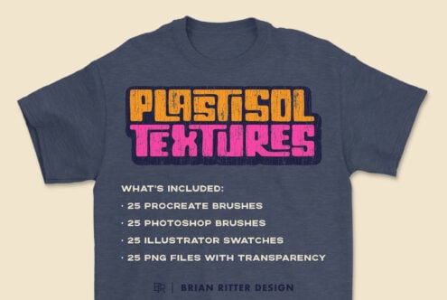 Plainsol Textures brush pack mockup on navy tee showing orange, pink retro lettering with product details listed