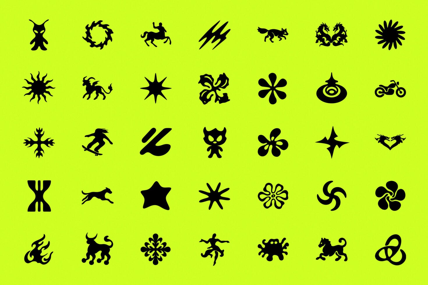 Black silhouette icons on neon yellow background, mystical creatures, stars, flowers, geometric shapes
