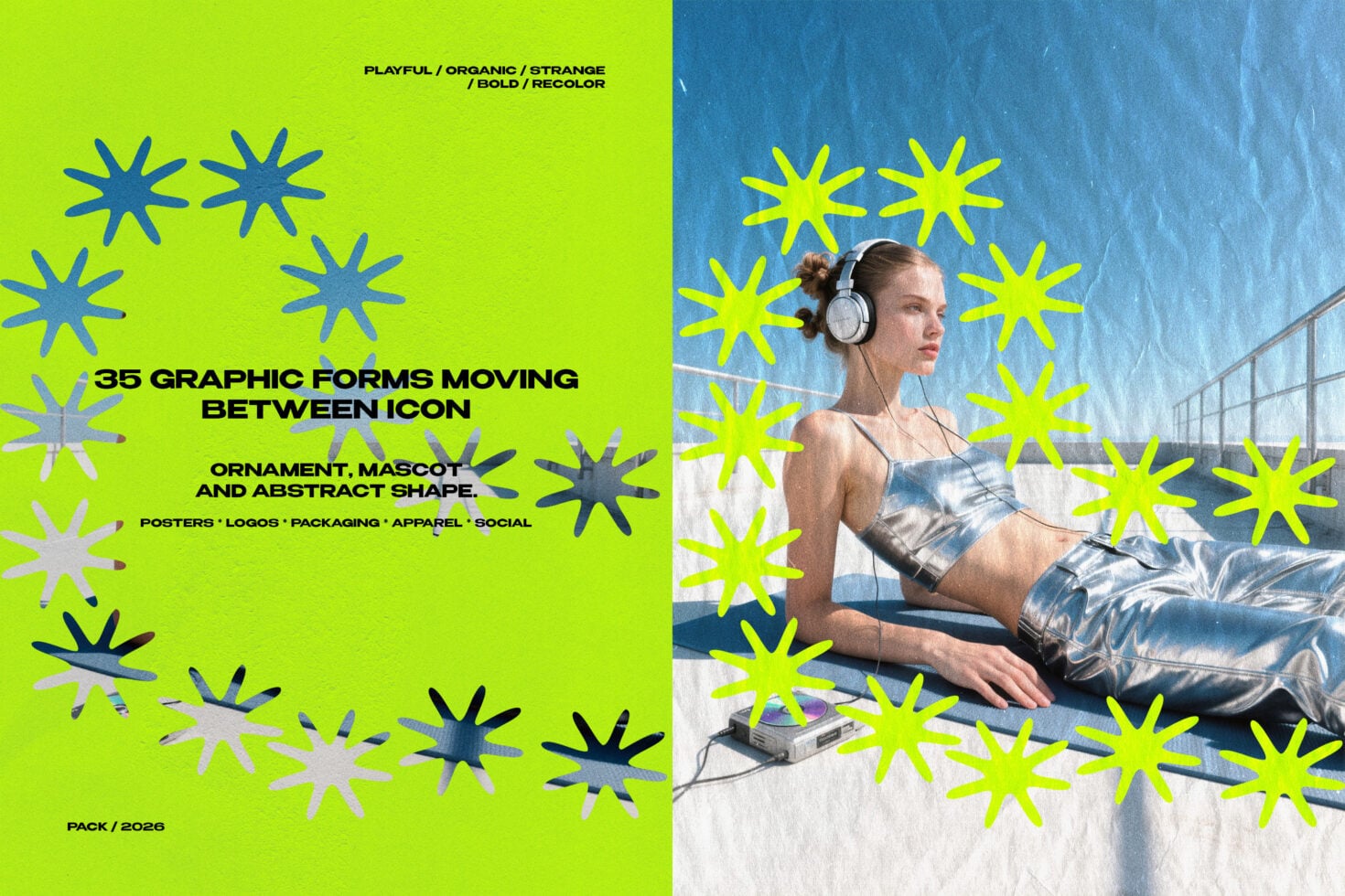 Split-screen mockup showing 35 moving graphic forms with neon stars, bold shapes for posters, logos, packaging