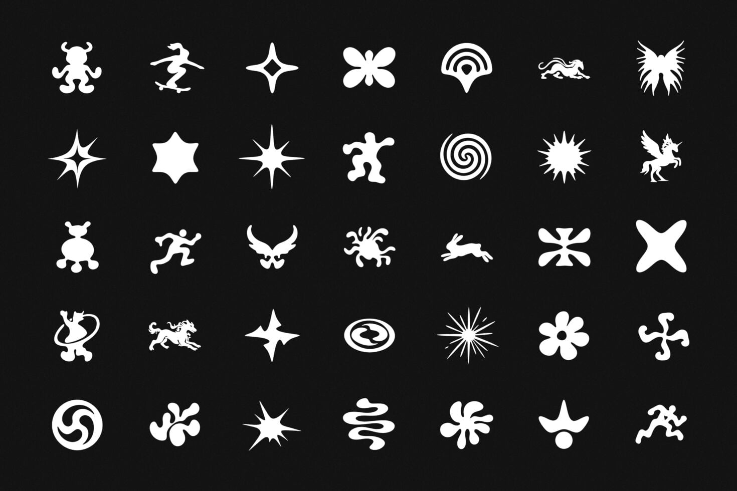 White silhouette icon set with mythical creatures, stars, spirals on black background