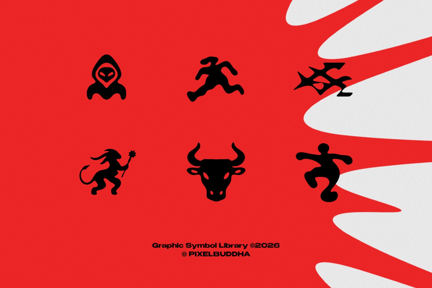 Six black silhouette icons on bright red with white organic shapes, alien to bull to demon vibes