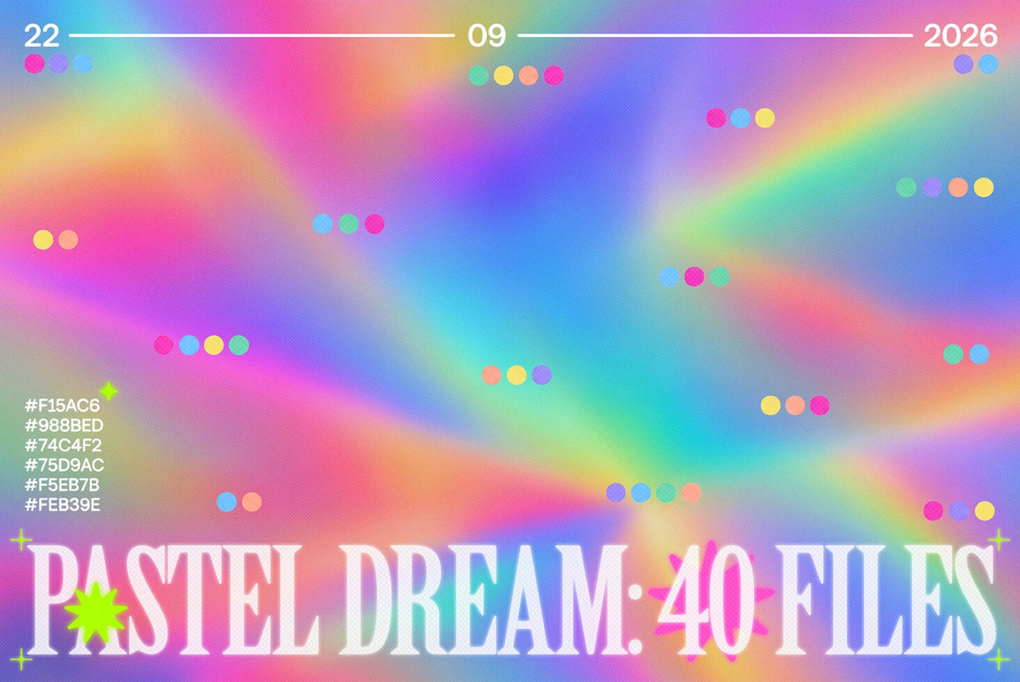 Vibrant gradient background with pastel dots, color codes, date stamps, bold typography for design mockups