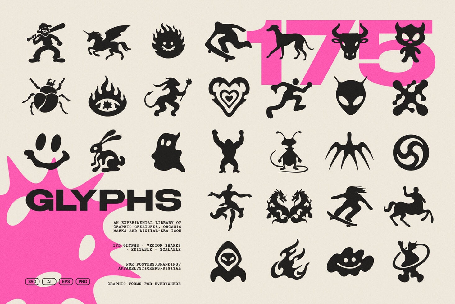 175 editable vector glyphs featuring monsters, creatures, demons with organic silhouettes in black