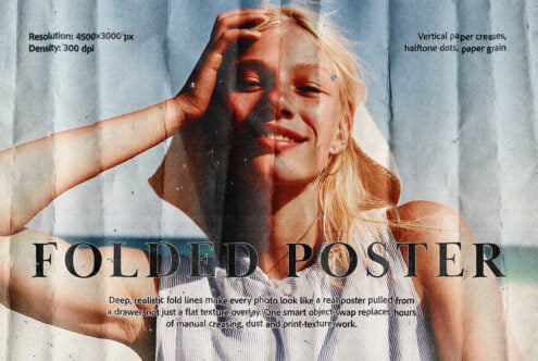 Folded poster mockup with creased paper texture, halftone dots, vintage print effect on portrait photo