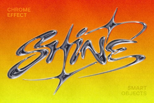 Shiny chrome text with metallic shine on vibrant orange to yellow gradient background