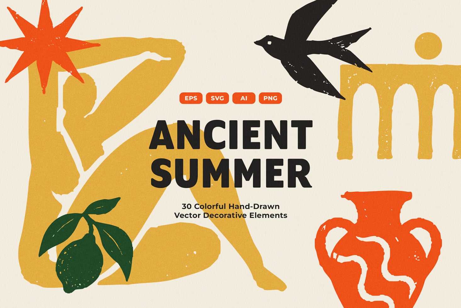 Ancient Summer vector graphics pack with 30 hand-drawn decorative elements in gold, orange, black