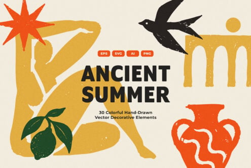 Ancient Summer vector graphics pack with 30 hand-drawn decorative elements in gold, orange, black