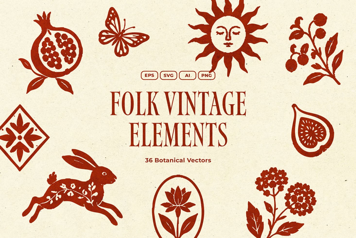 Folk vintage botanical vector set with sun, pomegranate, butterfly, rabbit, berries in deep red