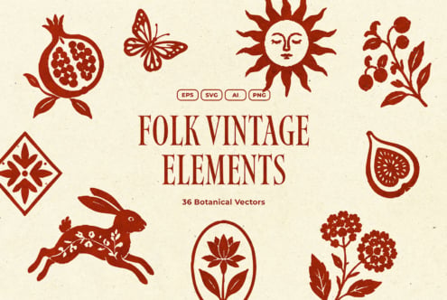 Folk vintage botanical vector set with sun, pomegranate, butterfly, rabbit, berries in deep red