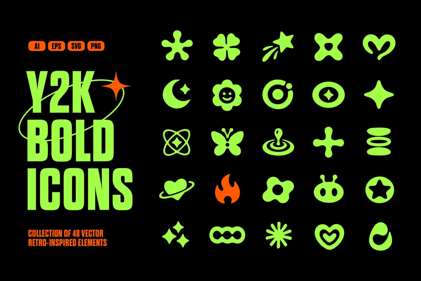 Y2K Bold Icons collection of 48 retro vector elements in neon lime with orange accents