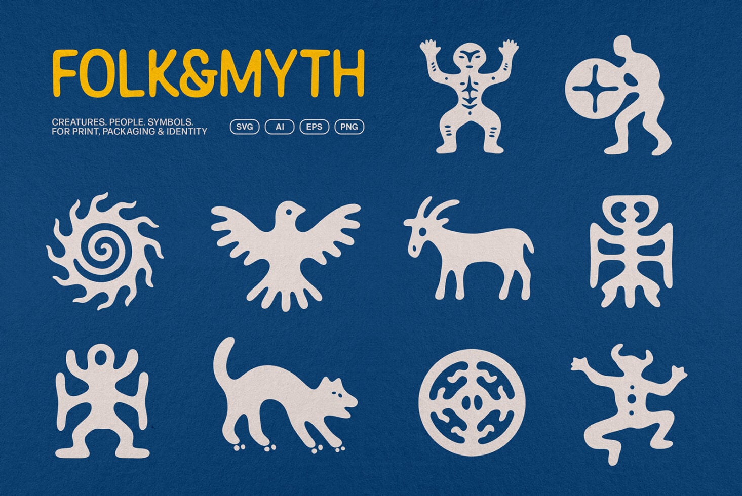 Folk mythology icon set with creatures, people, symbols in cream on deep blue