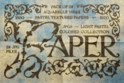Vintage aquarelle paper textures with ornate flourishes, soft pastels in blue-beige tones