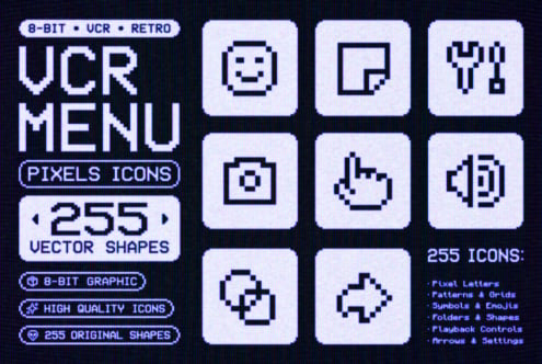 Retro 8-bit UCR menu icon set with 255 pixelated symbols on dark scanline background