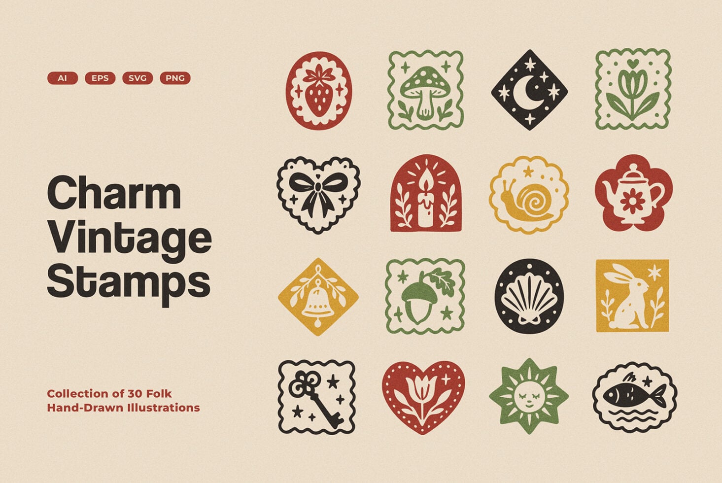 Charm Vintage Stamps icon collection with strawberry, mushroom, moon, teapot, rabbit designs